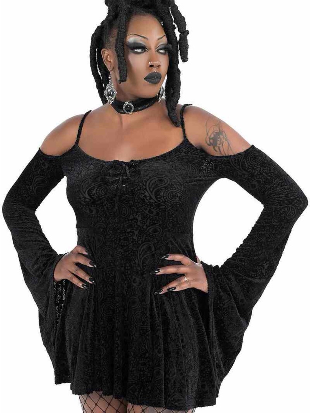 Killstar Lace Up Front Cold Shoulder Burnout Skater Dress